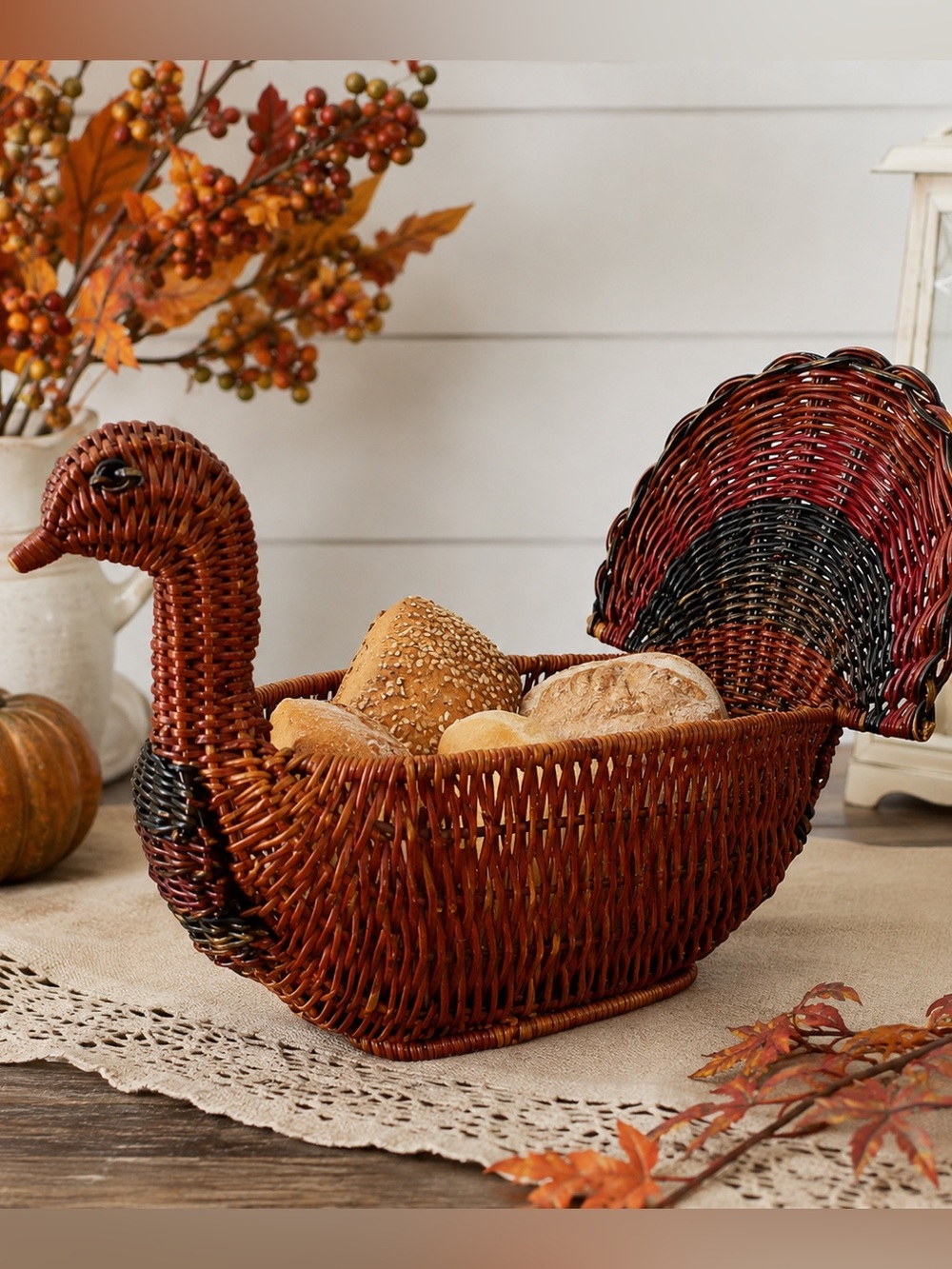 Vintage Wicker Turkey Basket Thanksgiving Bread Basket Fall Table Decor